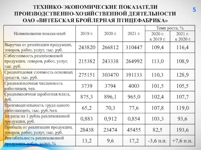 ТЕХНИКО-ЭКОНОМИЧЕСКИЕ ПОКАЗАТЕЛИ ПРОИЗВОДСТВЕННО-ХОЗЯЙСТВЕННОЙ ДЕЯТЕЛЬНОСТИ ОАО «ВИТЕБСКАЯ БРОЙЛЕРНАЯ ПТИЦЕФАБРИКА» 5