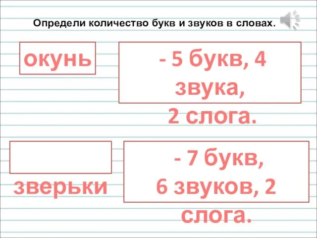 окунь - 5 букв, 4 звука, 2 слога. зверьки - 7 букв,