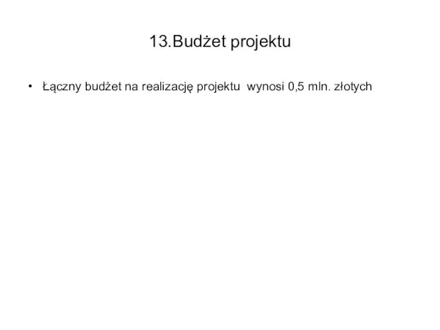 13.Budżet projektu Łączny budżet na realizację projektu wynosi 0,5 mln. złotych