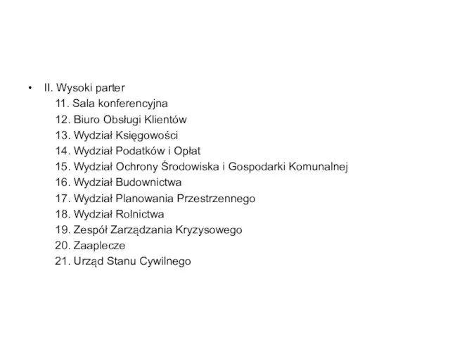 II. Wysoki parter 11. Sala konferencyjna 12. Biuro Obsługi Klientów 13. Wydział