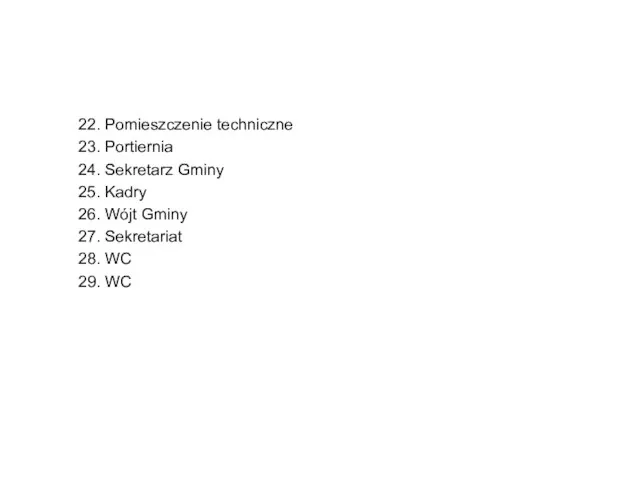 22. Pomieszczenie techniczne 23. Portiernia 24. Sekretarz Gminy 25. Kadry 26. Wójt