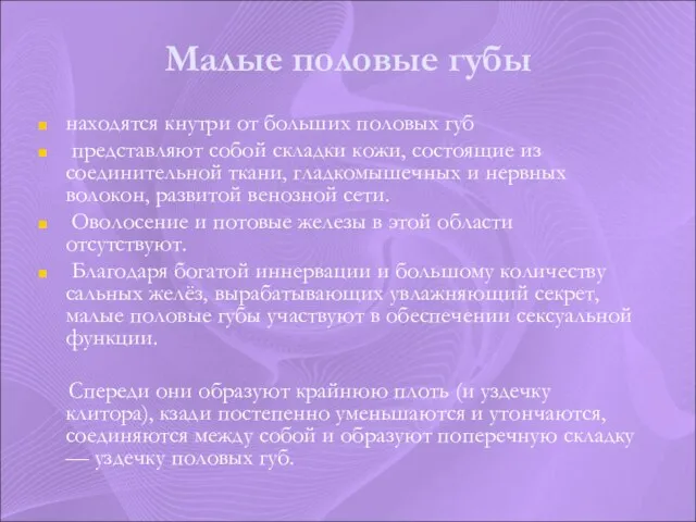 Малые половые губы находятся кнутри от больших половых губ представляют собой складки