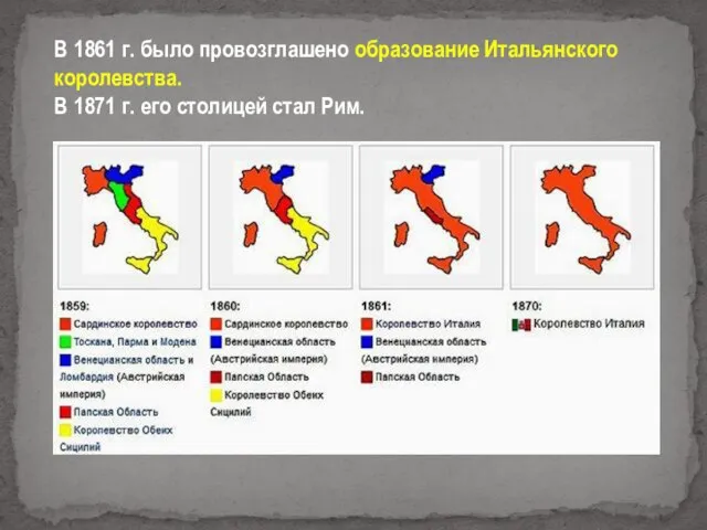 В 1861 г. было провозглашено образование Итальянского королевства. В 1871 г. его столицей стал Рим.