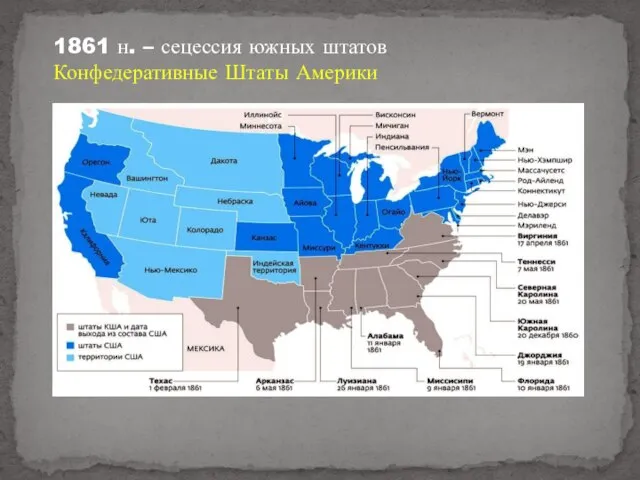1861 н. – сецессия южных штатов Конфедеративные Штаты Америки
