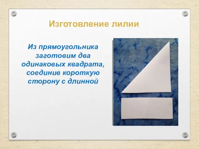 Изготовление лилии Из прямоугольника заготовим два одинаковых квадрата, соединив короткую сторону с длинной