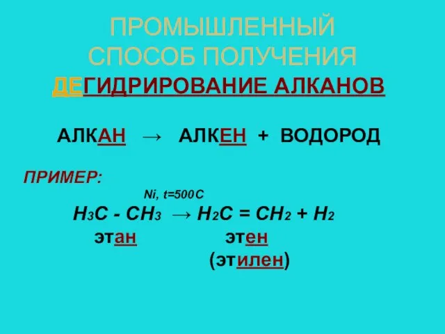 ПРОМЫШЛЕННЫЙ СПОСОБ ПОЛУЧЕНИЯ ДЕГИДРИРОВАНИЕ АЛКАНОВ АЛКАН → АЛКЕН + ВОДОРОД ПРИМЕР: Ni,