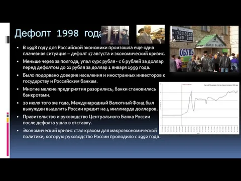 Дефолт 1998 года В 1998 году для Российской экономики произошла еще одна