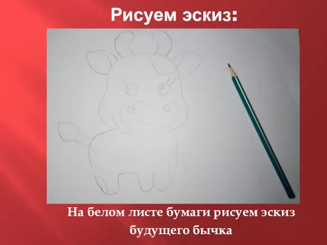 Рисуем эскиз: На белом листе бумаги рисуем эскиз будущего бычка
