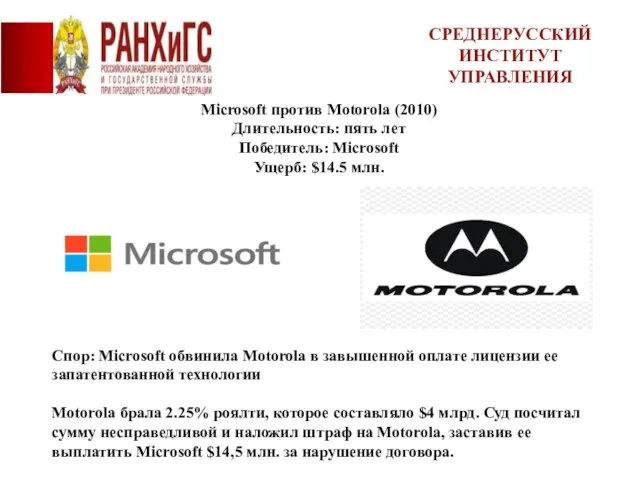 Microsoft против Motorola (2010) Длительность: пять лет Победитель: Microsoft Ущерб: $14.5 млн.