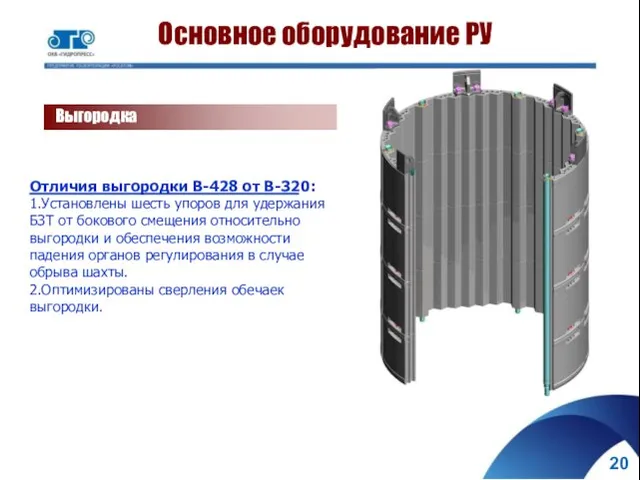 Основное оборудование РУ Выгородка Отличия выгородки В-428 от В-320: 1.Установлены шесть упоров