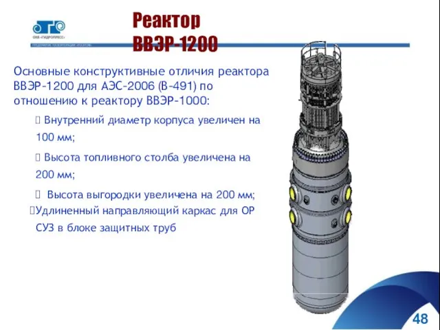 Реактор ВВЭР-1200 Основные конструктивные отличия реактора ВВЭР-1200 для АЭС-2006 (В-491) по отношению