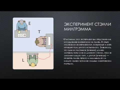 ЭКСПЕРИМЕНТ СТЭНЛИ МИЛГРЭММА Участникам этот эксперимент был представлен как исследование влияния боли