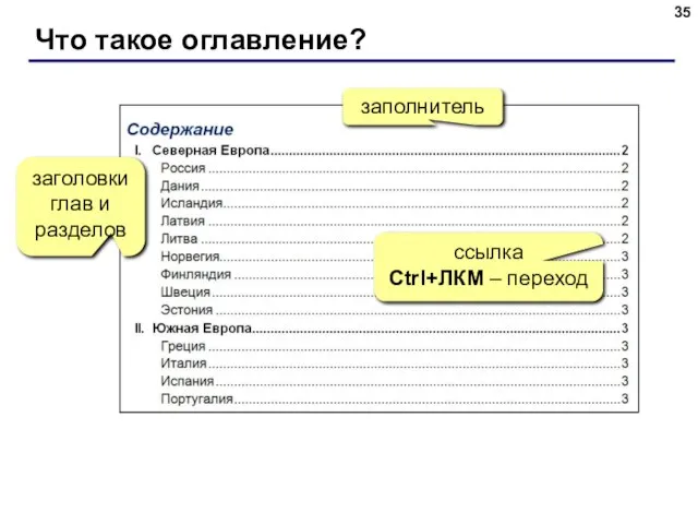 Что такое оглавление? заголовки глав и разделов заполнитель ссылка Ctrl+ЛКМ – переход