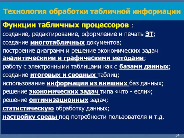 Функции табличных процессоров : создание, редактирование, оформление и печать ЭТ; создание многотабличных