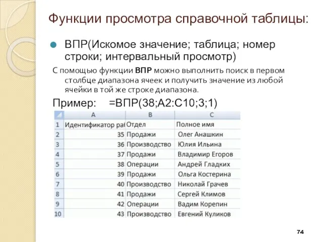 Функции просмотра справочной таблицы: ВПР(Искомое значение; таблица; номер строки; интервальный просмотр) С