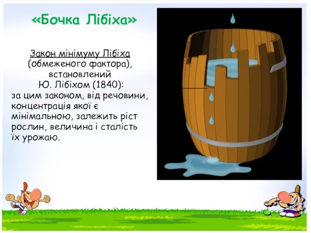 «Бочка Лібіха» Закон мінімуму Лібіха (обмеженого фактора), встановлений Ю. Лібіхом (1840): за