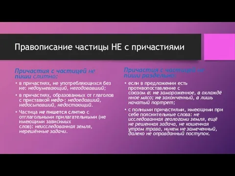 Правописание частицы НЕ с причастиями Причастия с частицей не пиши слитно: в