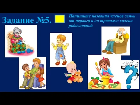 Задание №5. Напишите названия членов семьи от первого и до третьего колена родословной