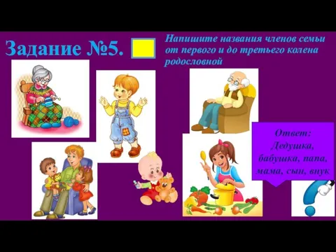 Задание №5. Напишите названия членов семьи от первого и до третьего колена