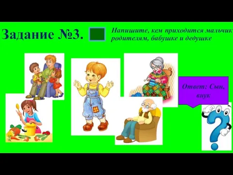 Напишите, кем приходится мальчик родителям, бабушке и дедушке Задание №3. Ответ: Сын, внук