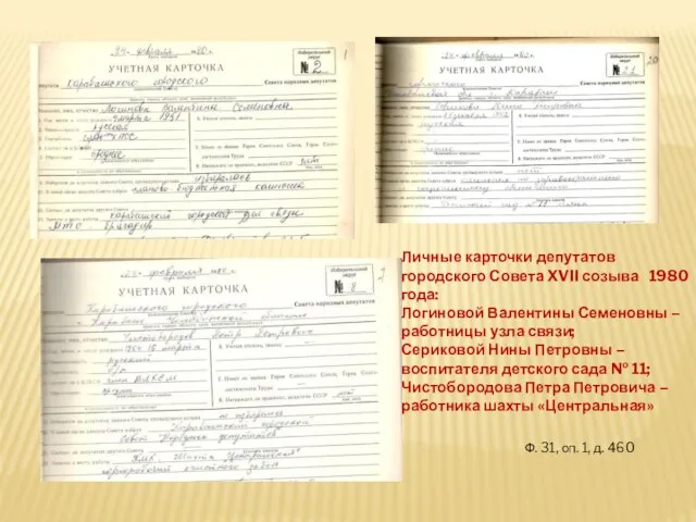 Личные карточки депутатов городского Совета XVII созыва 1980 года: Логиновой Валентины Семеновны