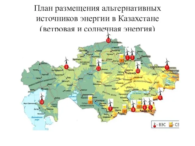 План размещения альтернативных источников энергии в Казахстане (ветровая и солнечная энергия)