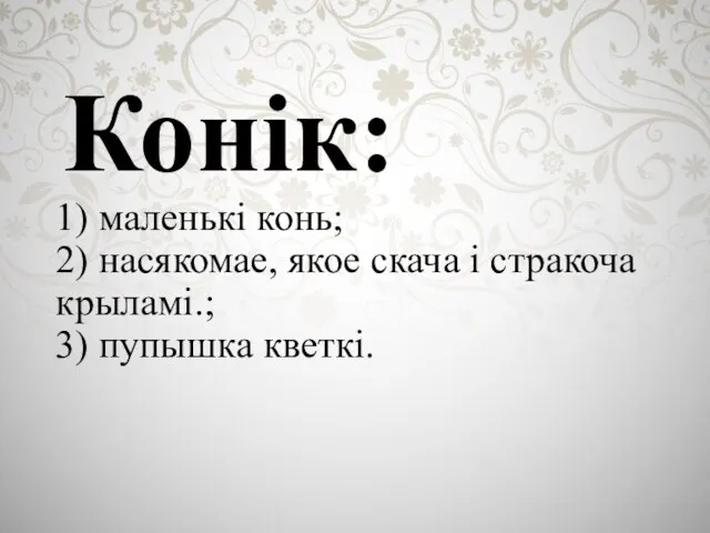 Конік: 1) маленькі конь; 2) насякомае, якое скача і стракоча крыламі.; 3) пупышка кветкі.