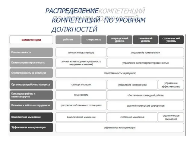 РАСПРЕДЕЛЕНИЕ КОМПЕТЕНЦИЙ ПО УРОВНЯМ ДОЛЖНОСТЕЙ