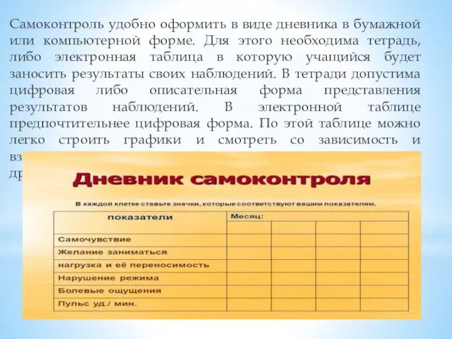 Самоконтроль удобно оформить в виде дневника в бумажной или компьютерной форме. Для