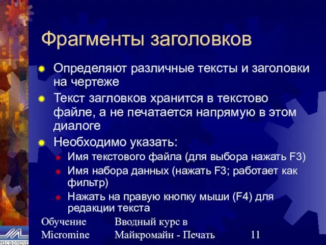 Обучение Micromine Вводный курс в Майкромайн - Печать Фрагменты заголовков Определяют различные