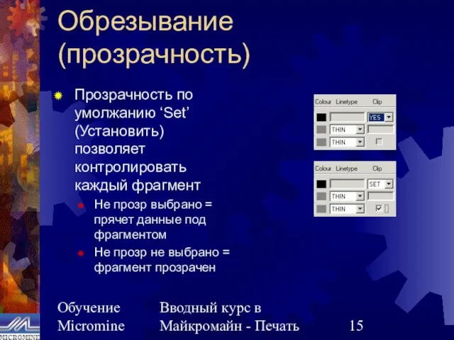 Обучение Micromine Вводный курс в Майкромайн - Печать Обрезывание (прозрачность) Прозрачность по