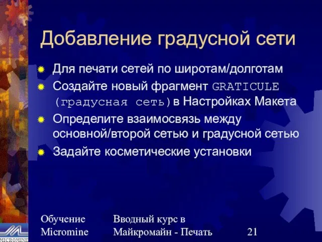 Обучение Micromine Вводный курс в Майкромайн - Печать Добавление градусной сети Для