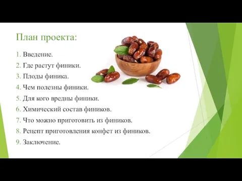 План проекта: 1. Введение. 2. Где растут финики. 3. Плоды финика. 4.