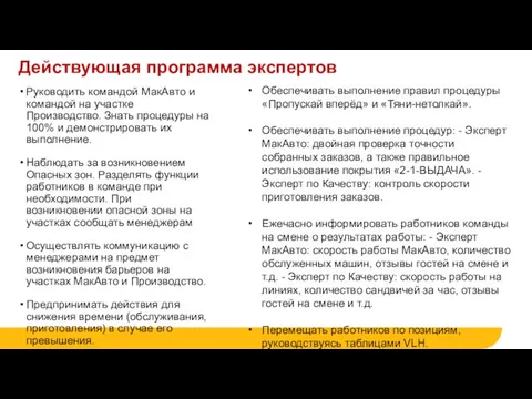 Действующая программа экспертов Руководить командой МакАвто и командой на участке Производство. Знать