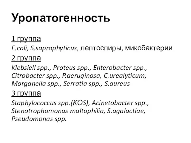 Уропатогенность 1 группа E.coli, S.saprophyticus, лептоспиры, микобактерии 2 группа Klebsiell spp., Proteus