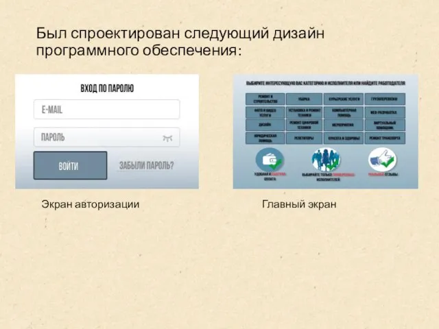 Был спроектирован следующий дизайн программного обеспечения: Экран авторизации Главный экран