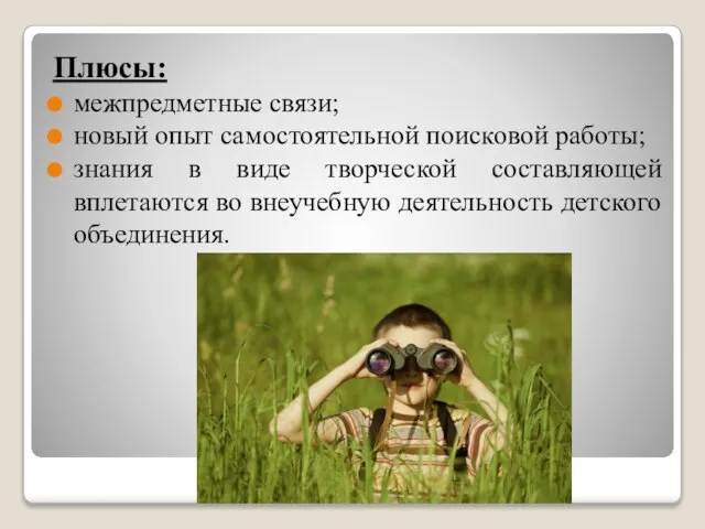 Плюсы: межпредметные связи; новый опыт самостоятельной поисковой работы; знания в виде творческой