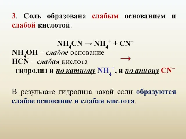 3. Соль образована слабым основанием и слабой кислотой. NH4СN → NH4+ +