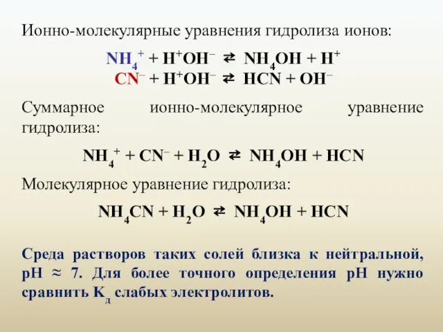 Ионно-молекулярные уравнения гидролиза ионов: NH4+ + Н+ОН– ⇄ NH4OH + H+ СN–