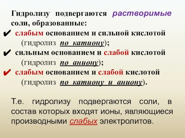 Гидролизу подвергаются растворимые соли, образованные: слабым основанием и сильной кислотой (гидролиз по