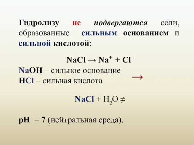 Гидролизу не подвергаются соли, образованные сильным основанием и сильной кислотой: NaCl →