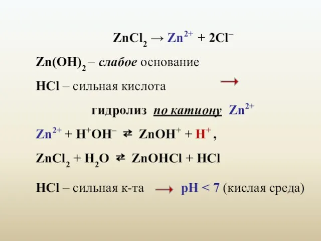 ZnCl2 → Zn2+ + 2Cl– Zn(ОН)2 – слабое основание НCl – сильная