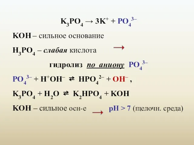 K3PO4 → 3K+ + PO43– KОН – сильное основание H3PO4 – слабая