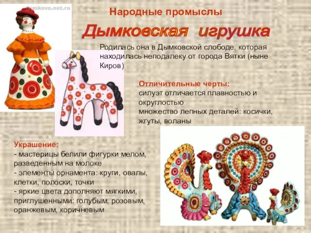 Народные промыслы Дымковская игрушка Родилась она в Дымковской слободе, которая находилась неподалеку