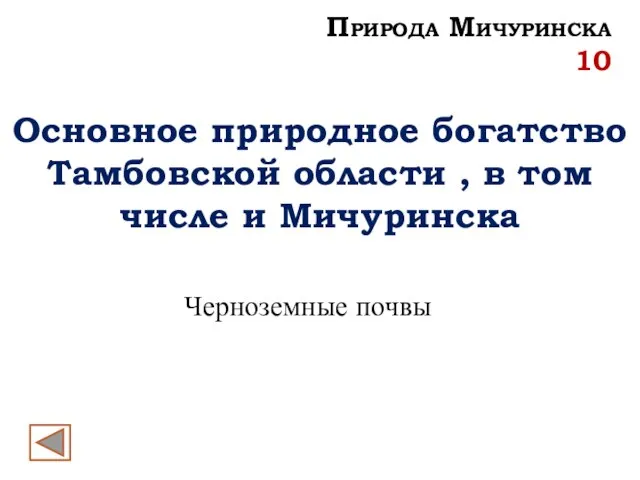 Природа Мичуринска 10 Основное природное богатство Тамбовской области , в том числе и Мичуринска Черноземные почвы