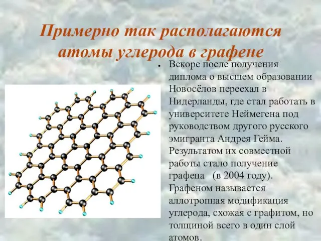 Примерно так располагаются атомы углерода в графене Вскоре после получения диплома о