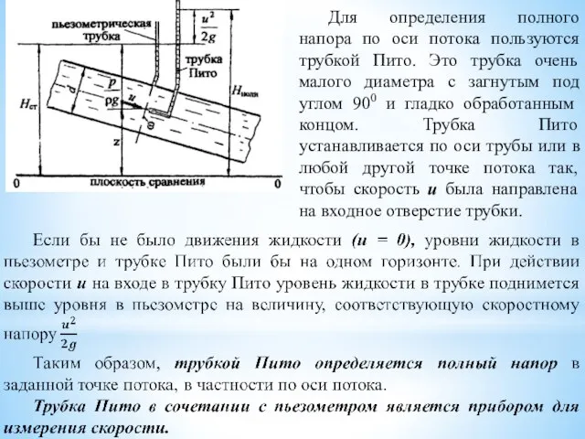 Для определения полного напора по оси потока пользуются трубкой Пито. Это трубка