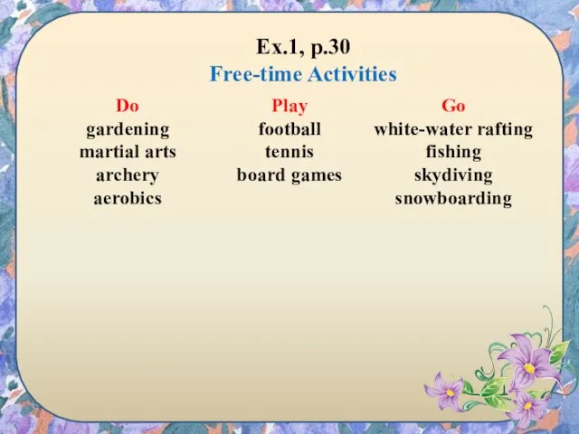 Ex.1, p.30 Free-time Activities Do gardening martial arts archery aerobics Play football