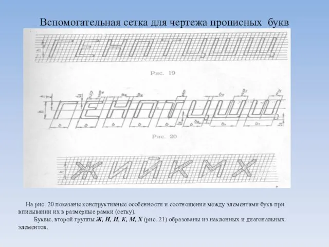 Вспомогательная сетка для чертежа прописных букв На рис. 20 показаны конструктивные особенности