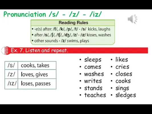 Pronunciation /s/ - /z/ - /iz/ Ex. 7. Listen and repeat. sleeps